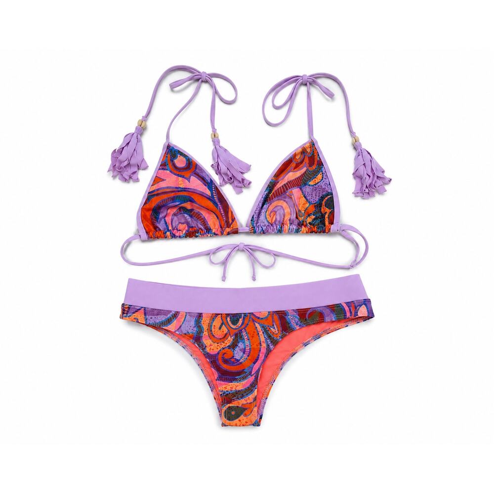 DaKine Honey Tassel Bikini Set Purple Orange Paisley Triangle Top Cheeky Bottoms